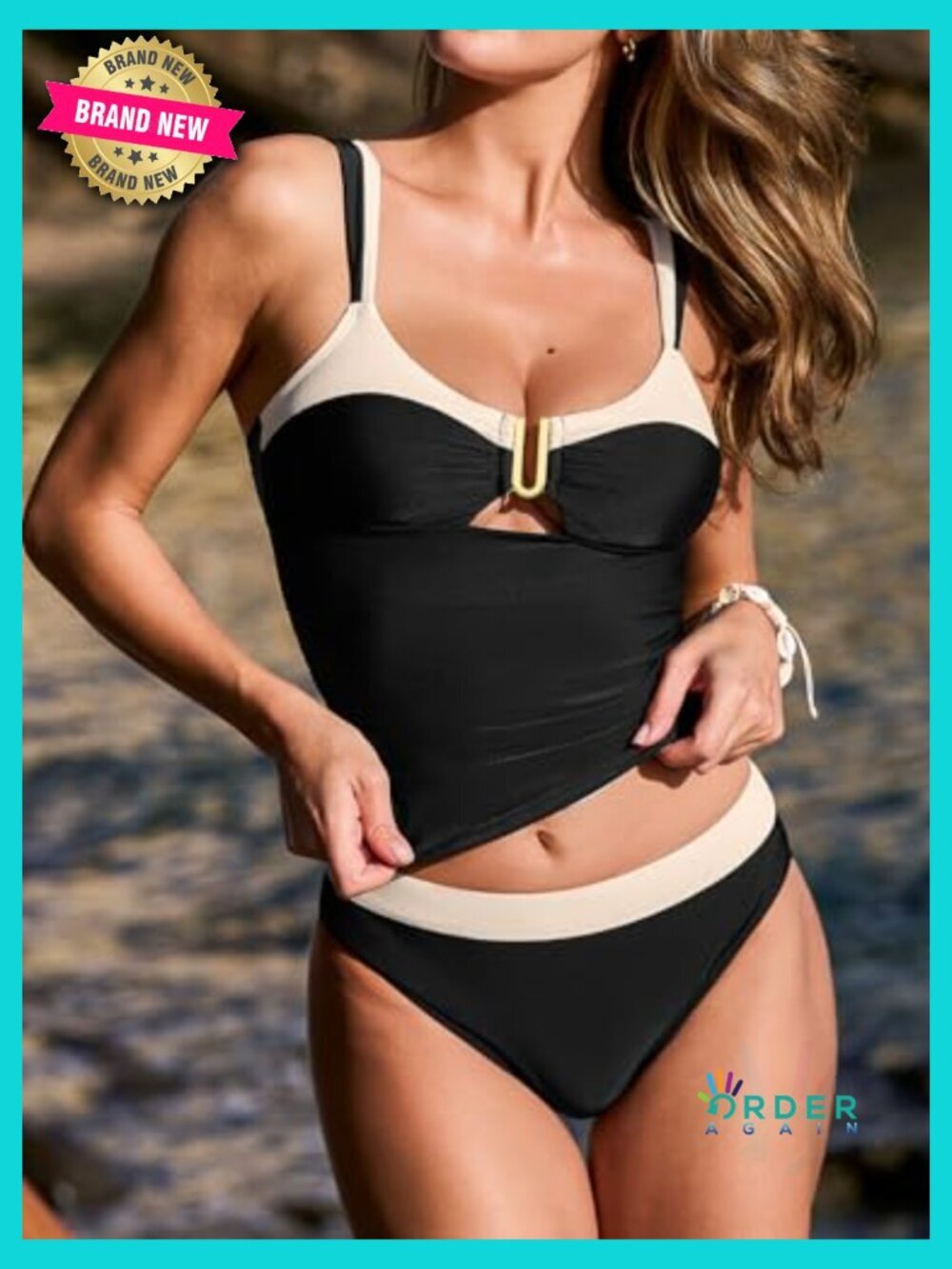 Cutout Tankini Set Scoop Neck U Wire Tummy Control Back Hook Adjustable Straps - Picture 4 of 6